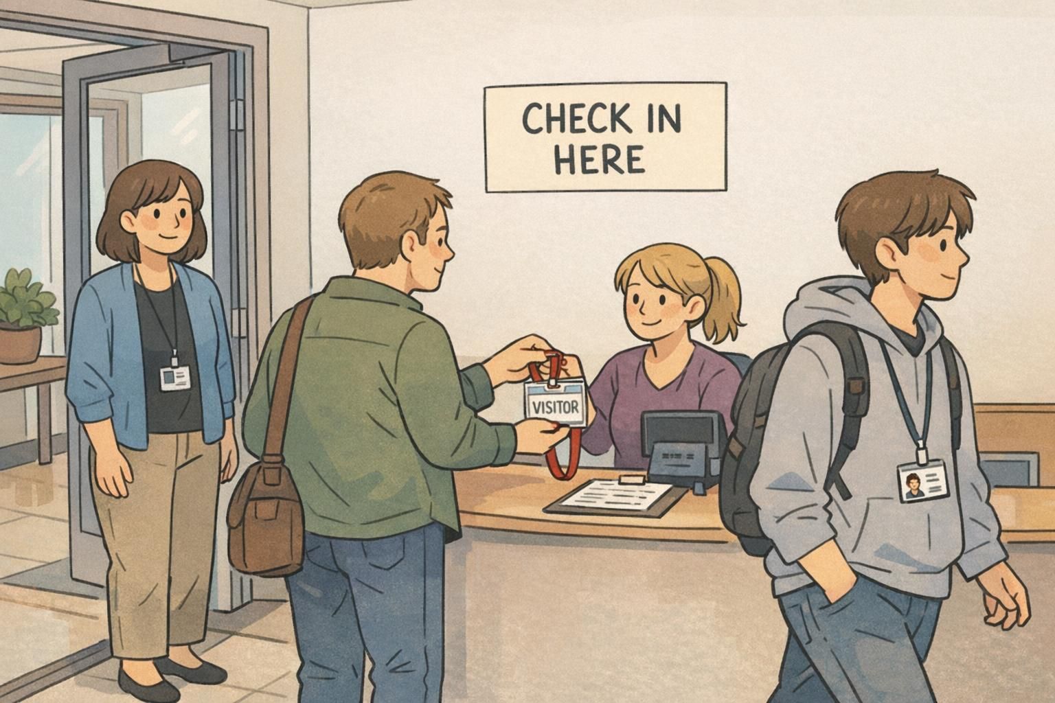 Visitor check-in at a school entrance showing a visitor badge on a red lanyard and a student wearing a visible ID, demonstrating school safety IDs and secure entry.