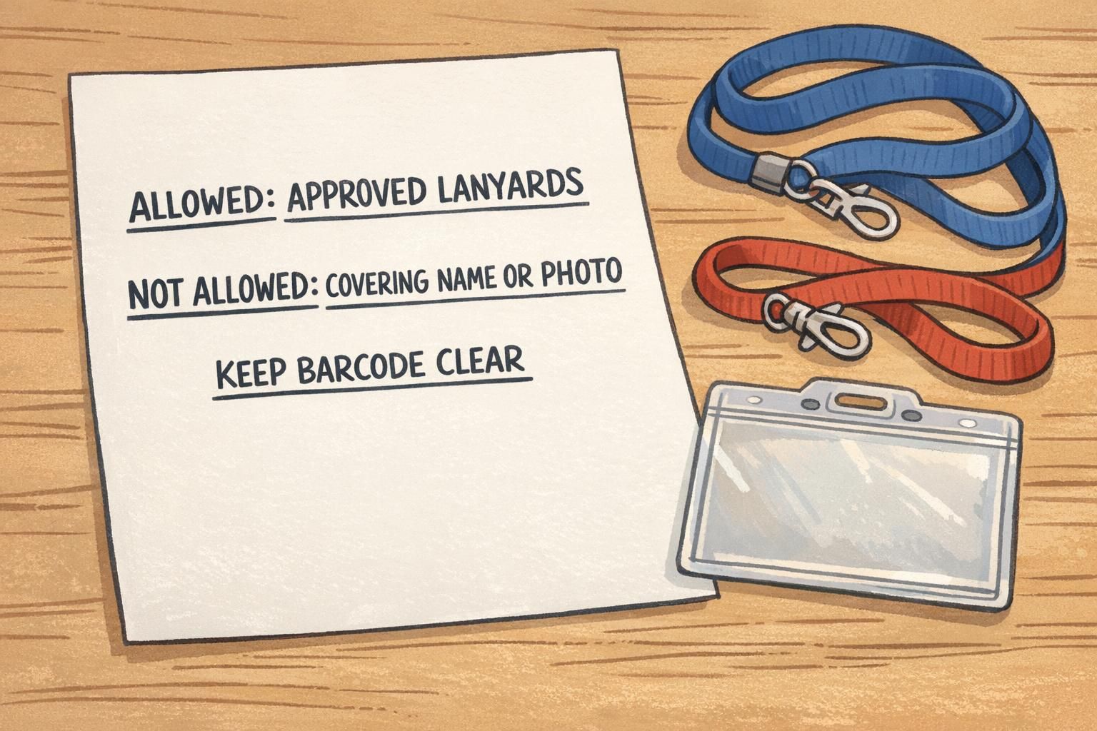 Close-up of a printed badge policy sheet next to two approved lanyards and a clear holder illustrating badge personalization rules and allowed accessories.