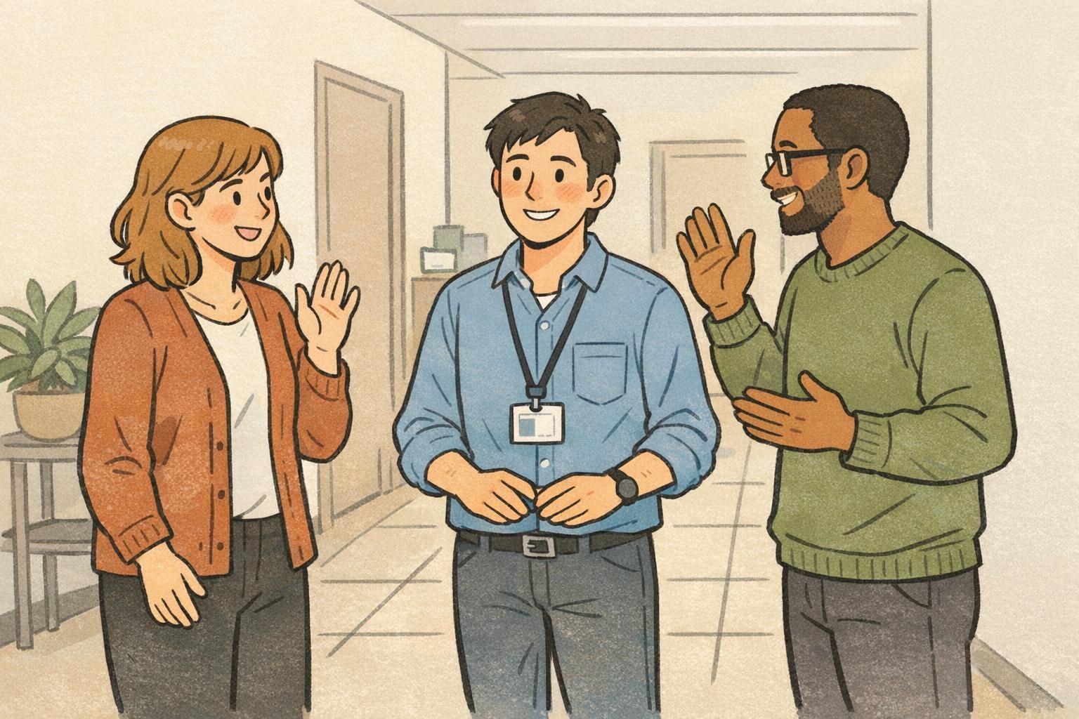 Two coworkers introduce themselves to a new hire wearing a clearly readable ID badge on a lanyard in a hallway, a natural new hire welcome moment.
