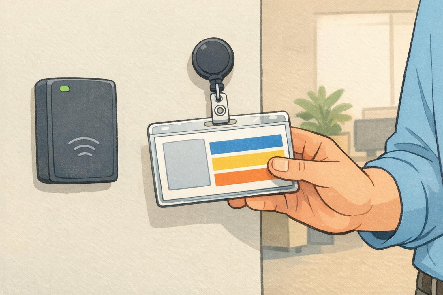 Employee presenting a horizontal ID badge on a retractable reel at an office access reader.