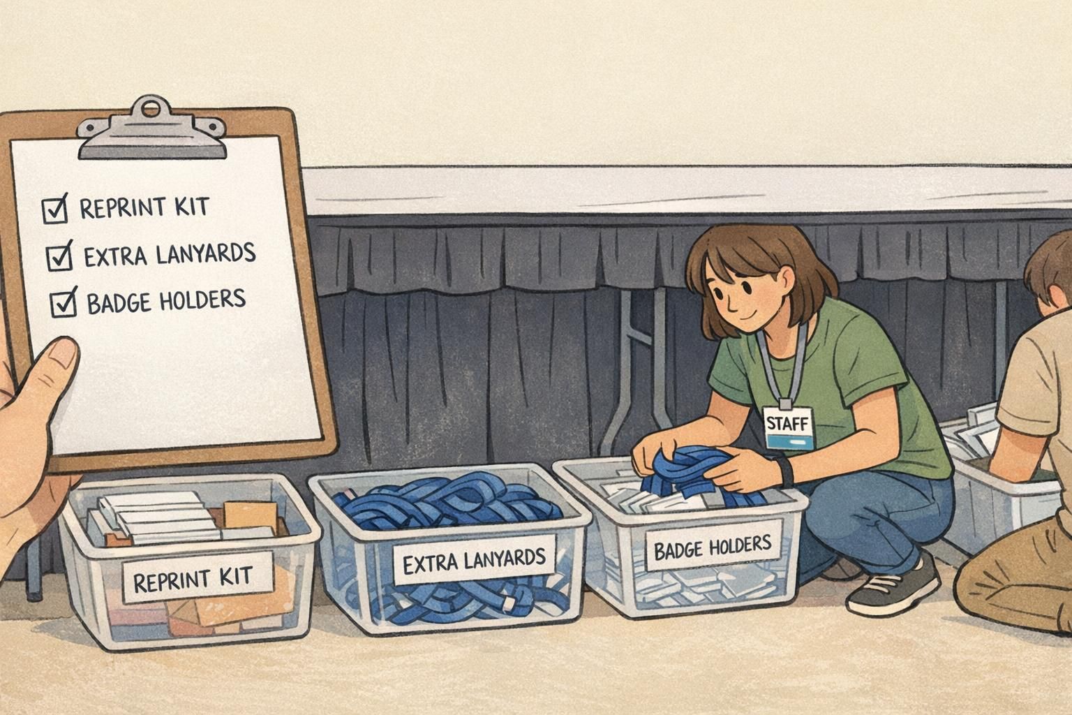 Staff organizing labeled bins under a check-in table with a visible reprint kit, extra lanyards, and badge holders to keep the badge pickup station running smoothly.