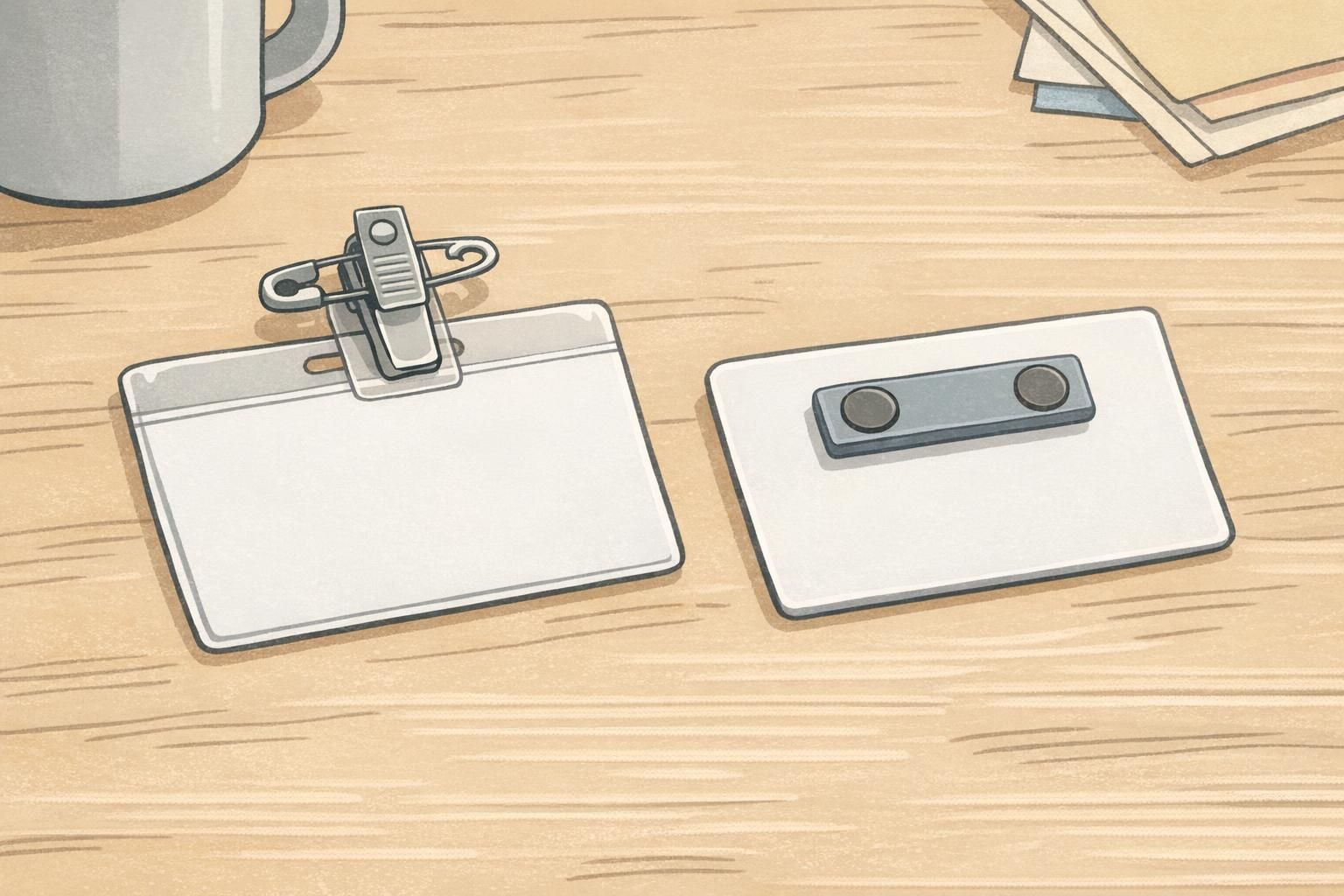 Close-up of two name tag attachment styles on a table: a clip fastener and a magnet fastener showing materials and matte finishes.