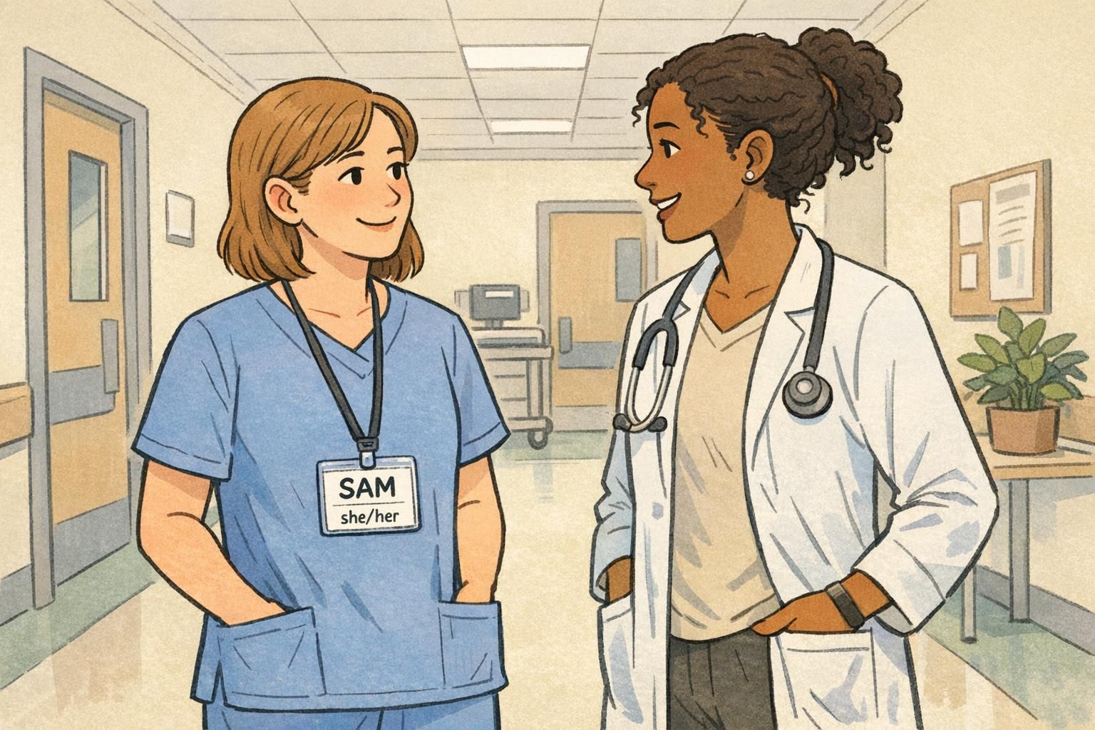 Clinician in a hospital hallway wearing an ID card that shows a pronoun name tag reading “SAM” with the pronouns “she/her.”