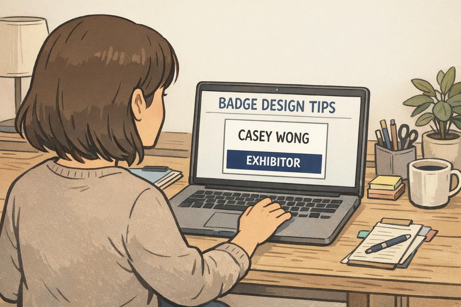 An event planner adjusting badge design tips on a laptop template, showing a centered name block and a clear role label for photo-friendly badges.