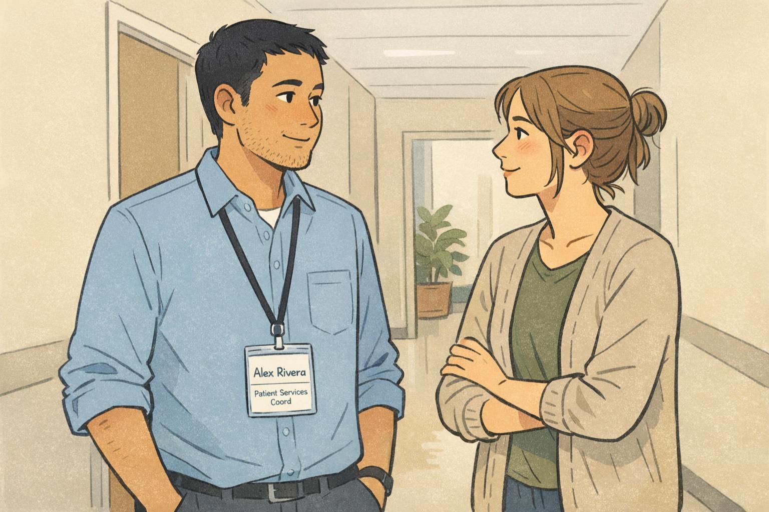 Two coworkers in a hallway, one wearing a lanyard badge with a short, readable role line beneath the name to illustrate badge abbreviations in use.