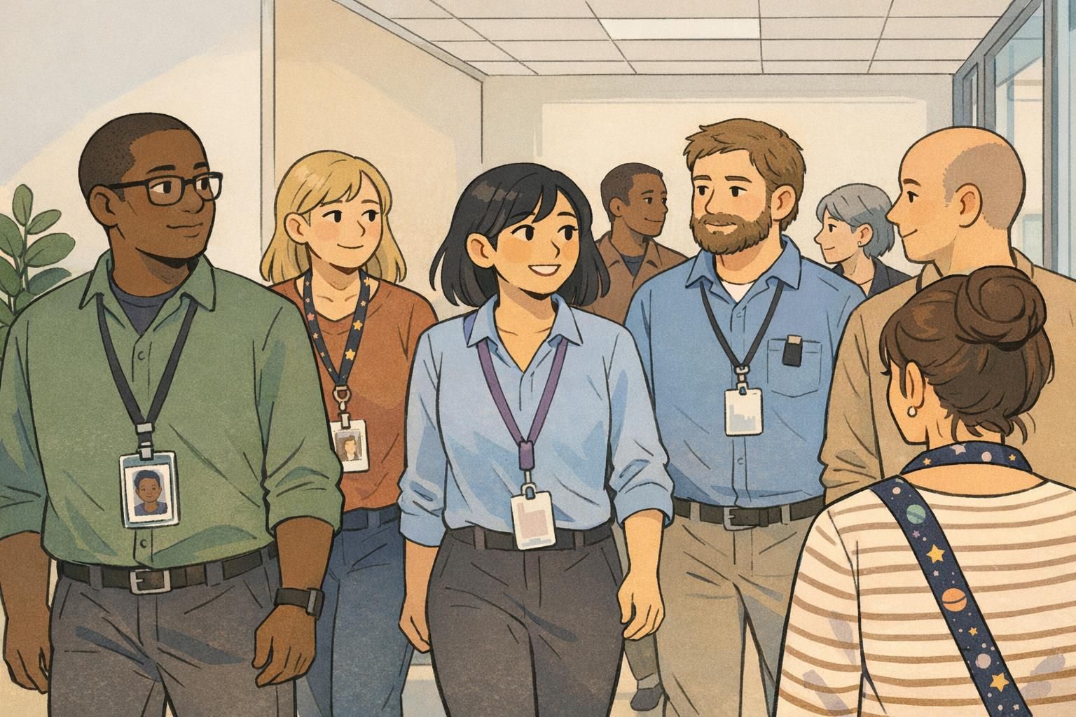 Diverse coworkers walking in an office hallway wearing a mix of plain and subtle themed lanyards, illustrating badge pride as an optional, low-pressure choice.