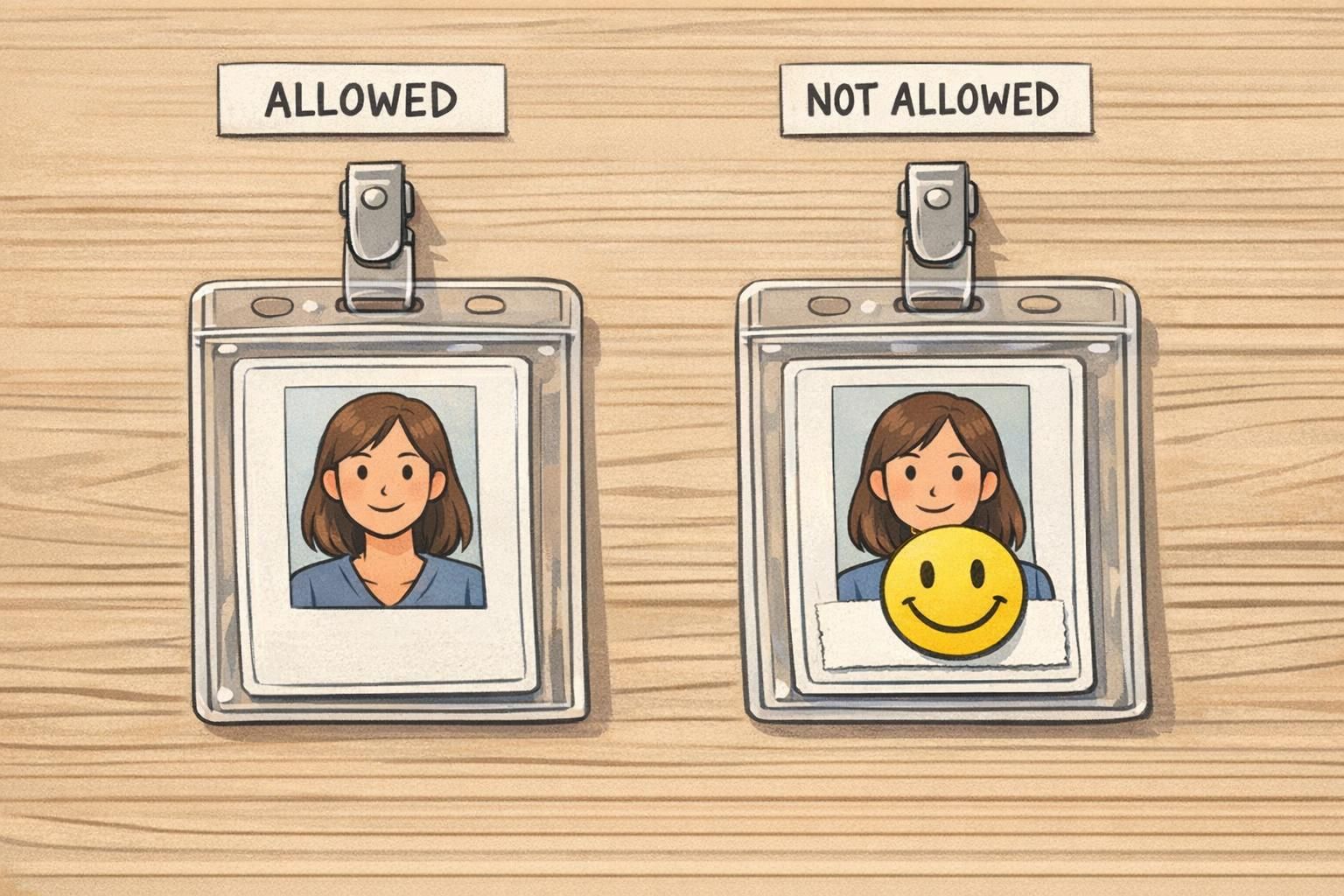 Side-by-side comparison of an allowed badge with name and photo visible and a non-compliant badge with a sticker covering the name, illustrating badge personalization rules.