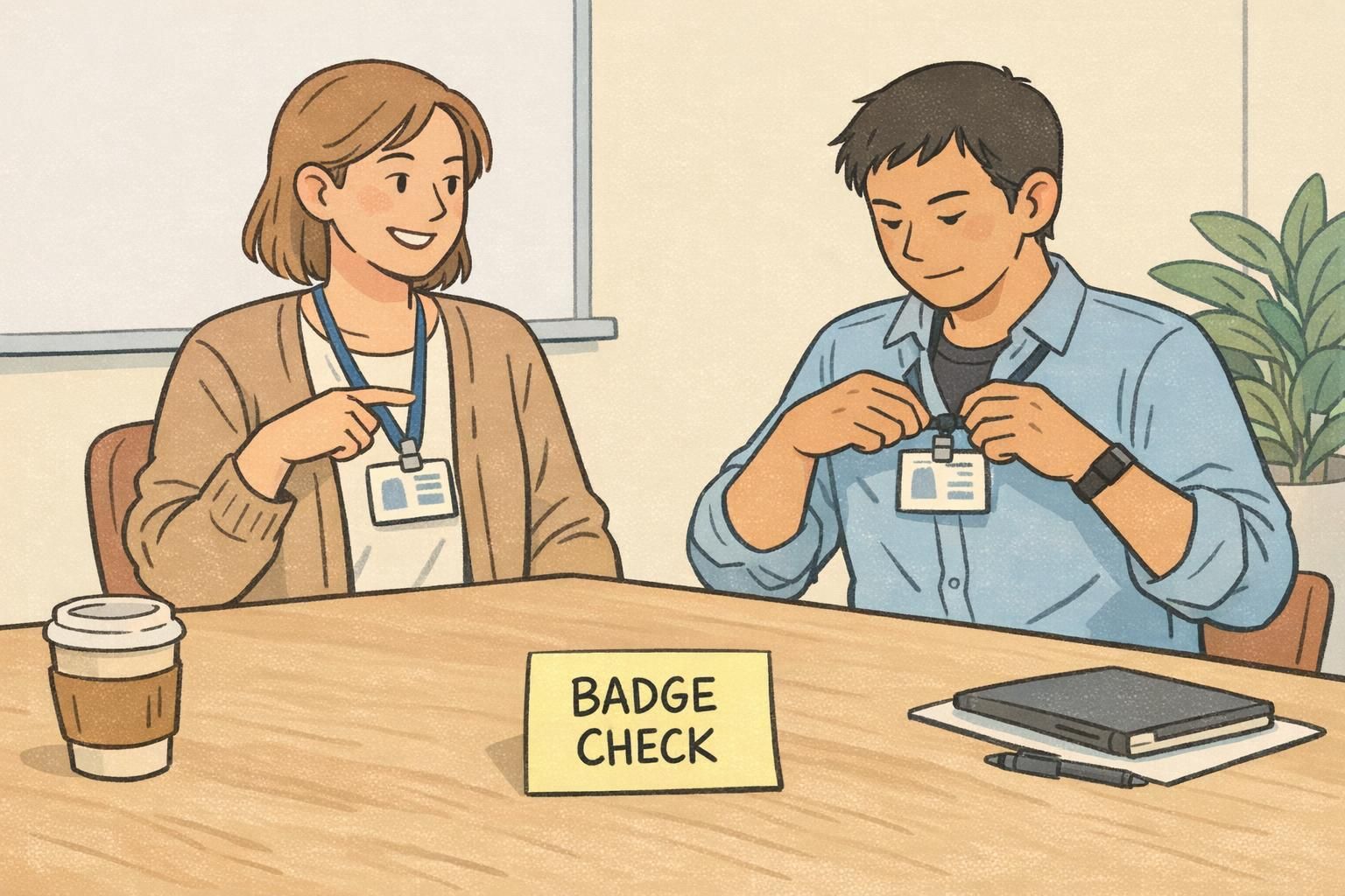 Leader gives a friendly badge-check reminder in a small meeting as a colleague adjusts their chest-level ID to be visible.