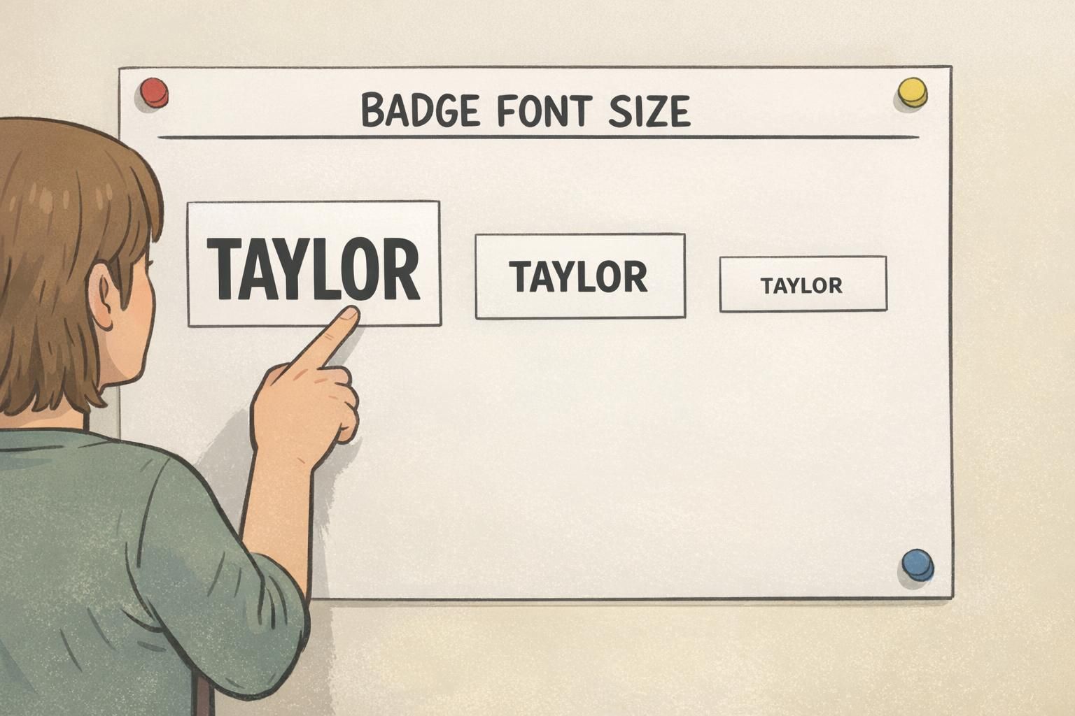 A comparison board pinned on a wall showing three badge size mockups from large to small, highlighting the most readable option.