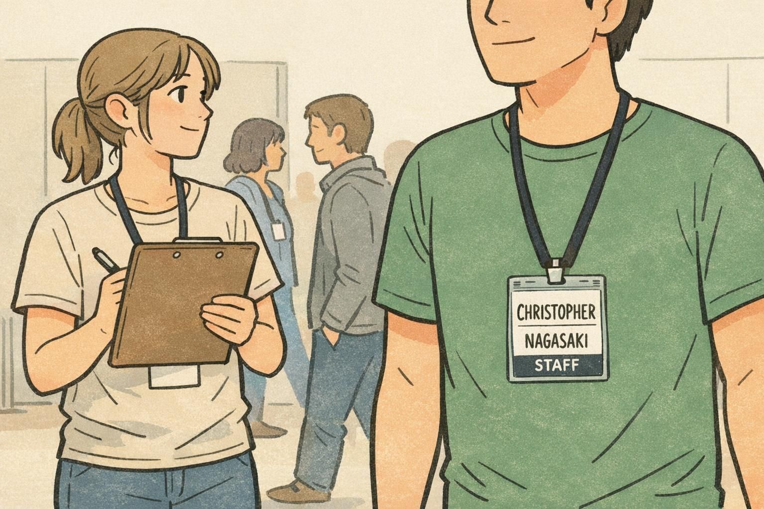 An event volunteer watches attendees with lanyards; a nearby badge shows a readable two-line name and a small role line in motion.
