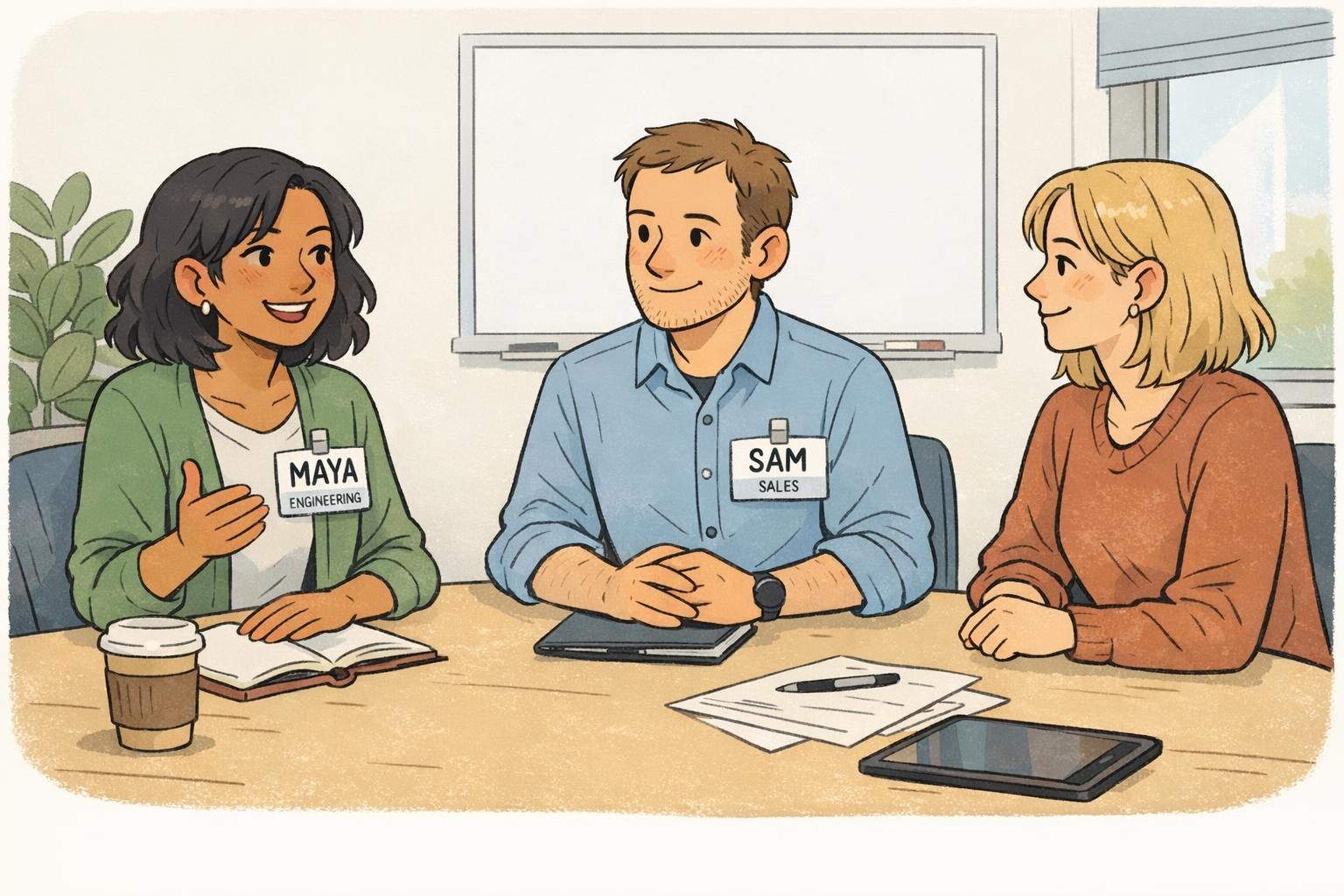 Three coworkers introduce themselves around a meeting table; two wear readable clip-on name badges labeled MAYA (Engineering) and SAM (Sales).