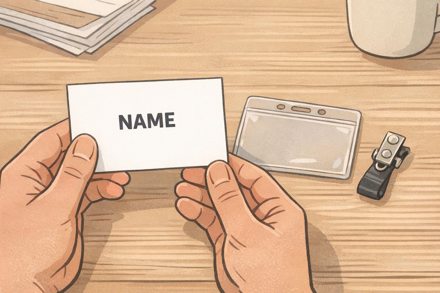 A print test showing an ID card held next to a clear plastic holder, confirming margins keep the NAME away from holes and clips to preserve an uncluttered ID.