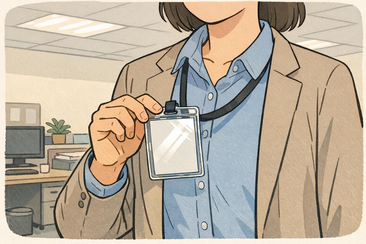 Office worker tilting a badge under ceiling lights to show changing reflections that affect badge readability.