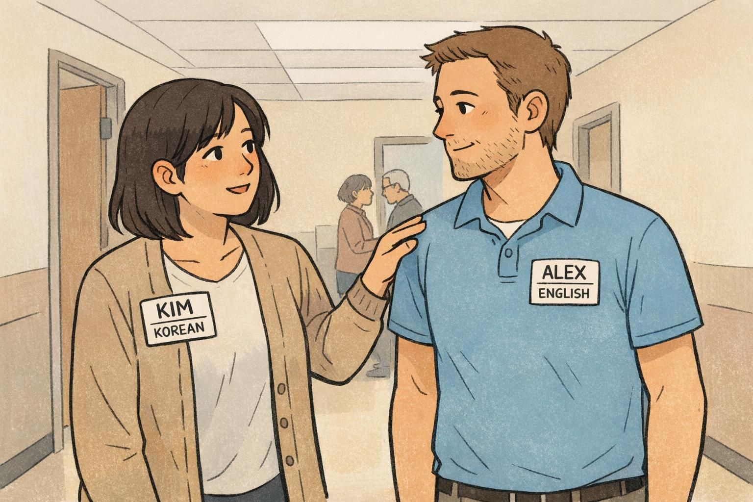 Two coworkers coordinate in a hallway using name tags that show names and languages like Korean and English so multilingual staff can be found quickly.