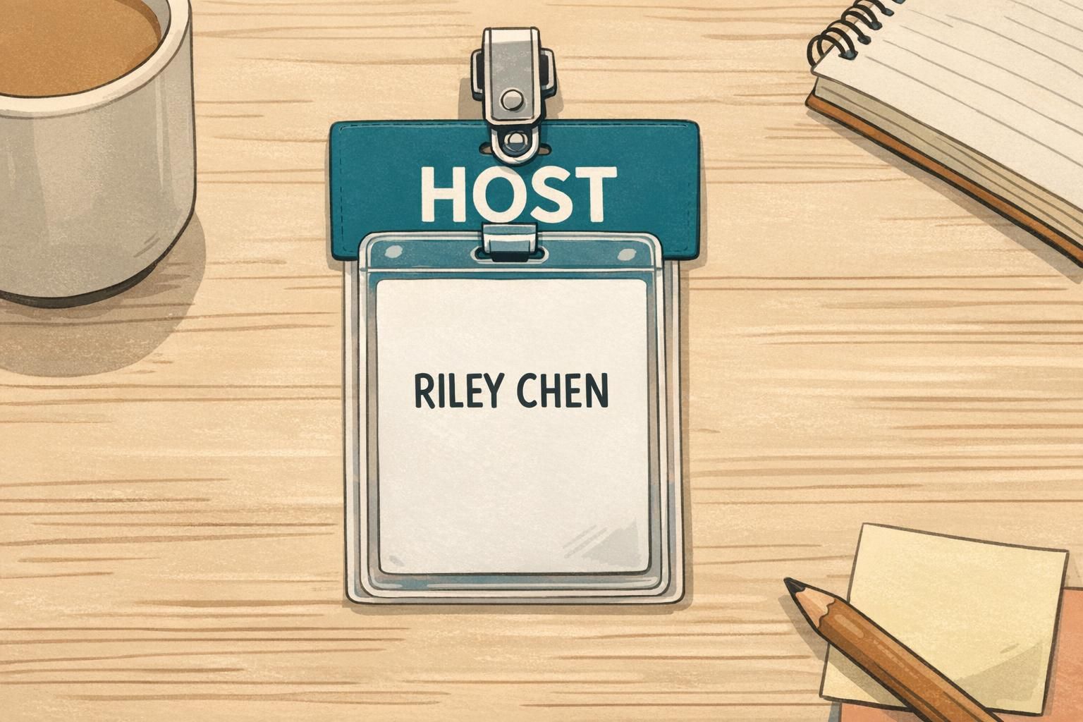 A close-up flat-lay showing an ID badge stacked with a badge buddy labeled HOST, clipped together to provide quick role context during onsite days.