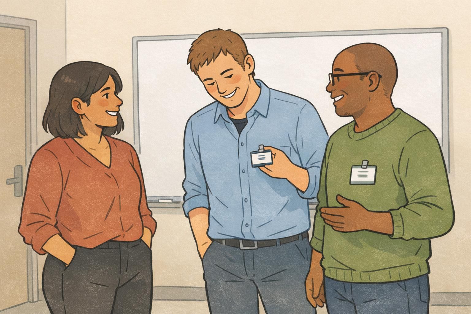 Three coworkers chat in a hallway with relaxed posture as one glances at another’s clip-on name tag to greet them by name.