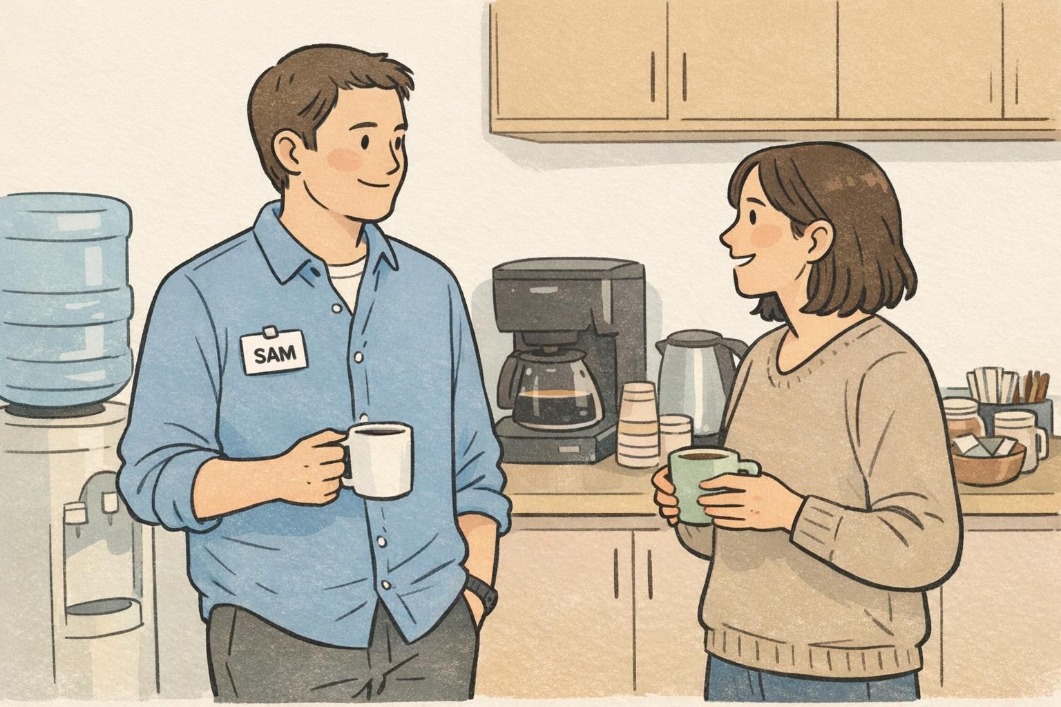 Two coworkers chatting near a coffee station in a break room, one wearing a simple clip-on name badge with a clear first name visible.