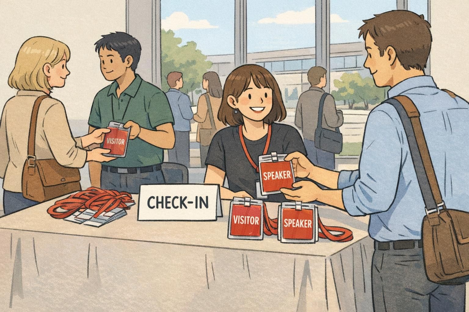 Event staff at a corporate campus check-in table hand out vertical event badges in clear holders labeled VISITOR and SPEAKER for easy role identification.