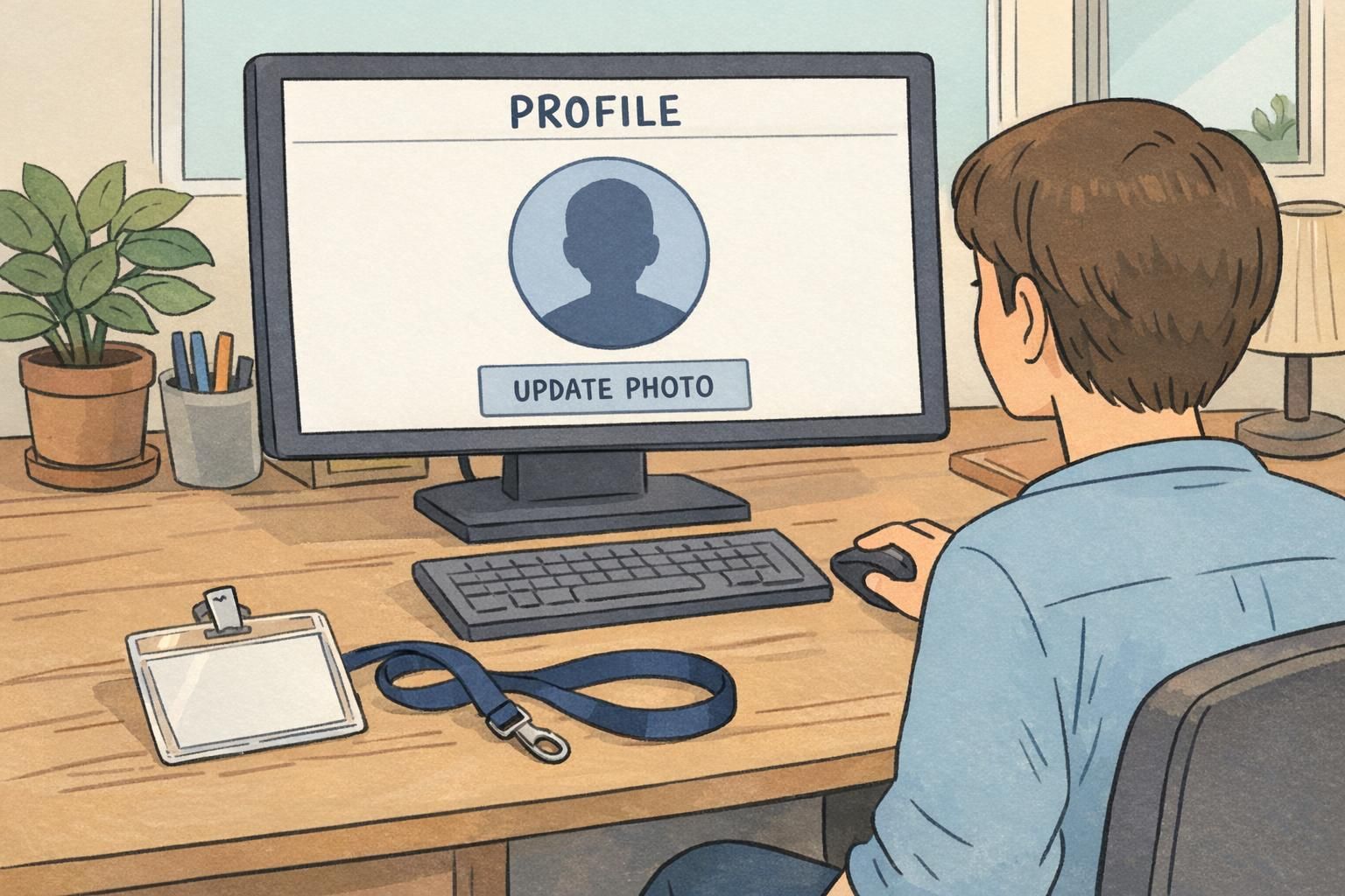 A remote worker updating their profile photo on a computer to refresh their remote employee ID before an office day, with a blank clear badge holder and lanyard on the desk.