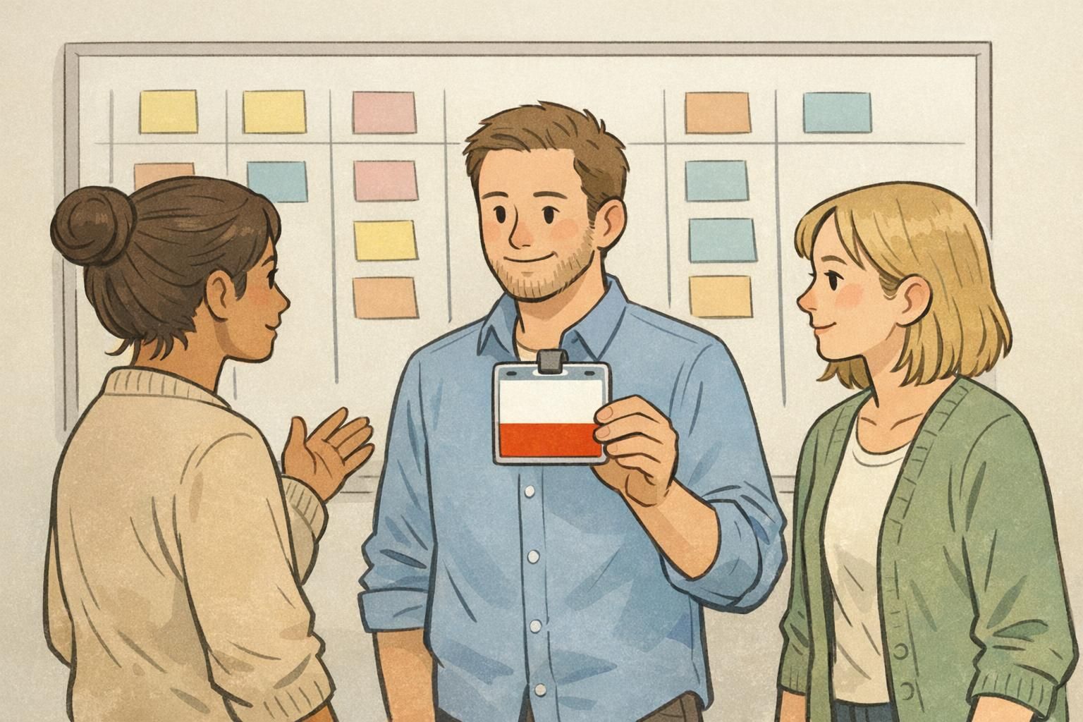 Team around a planning board discussing role color-coding with sticky notes and a sample badge showing a bold role band for fast recognition.