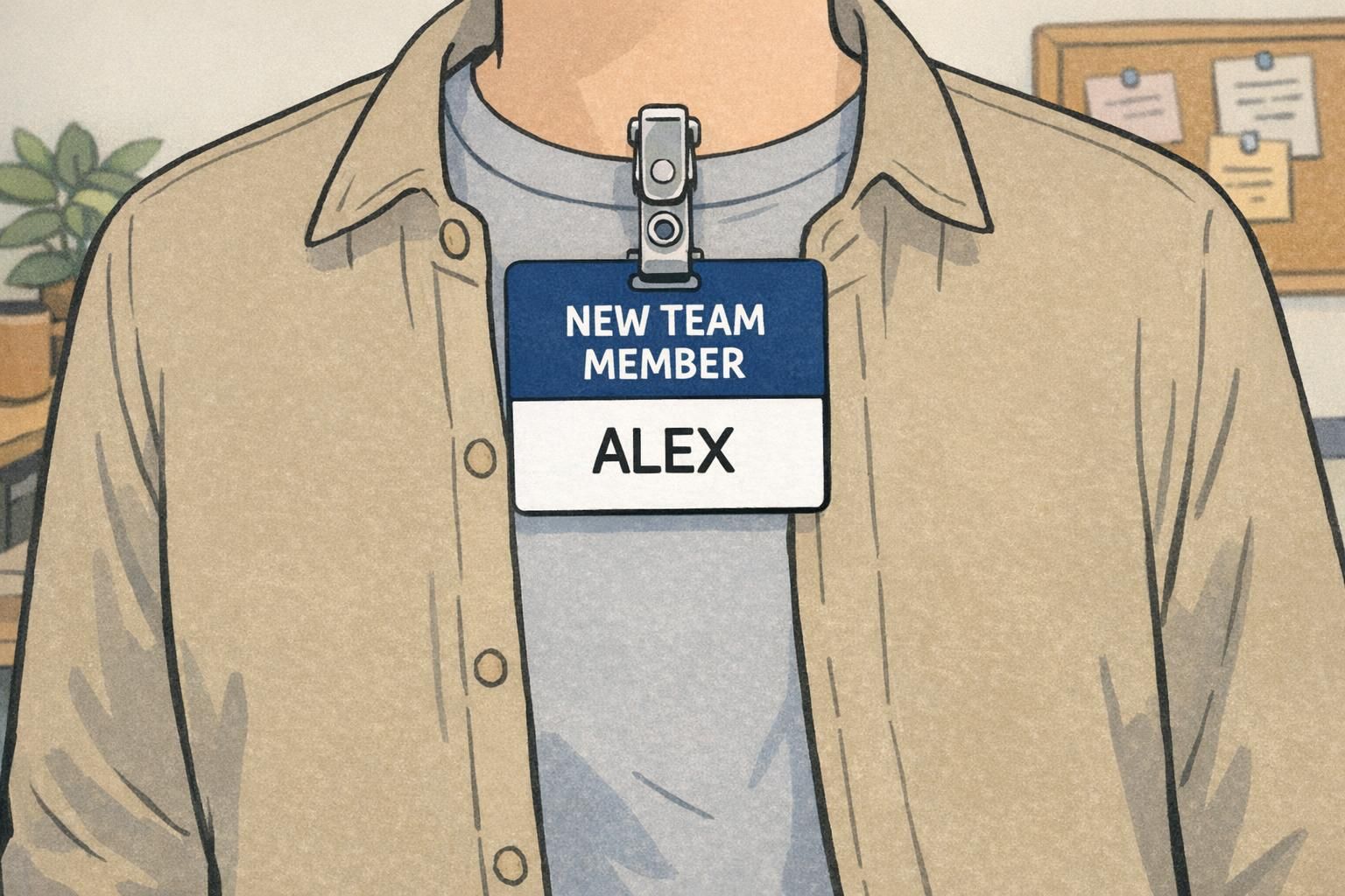An onboarding badges example showing an ID for Alex stacked neatly with a navy 'NEW TEAM MEMBER' badge buddy clipped together as a single vertical stack.