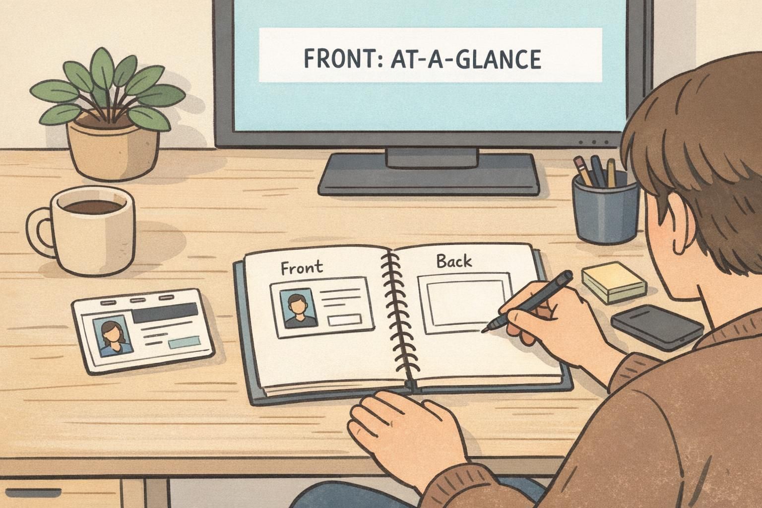 Designer at a workstation sketching front and back badge layouts beside a physical two-sided card sample to test spacing and hierarchy.