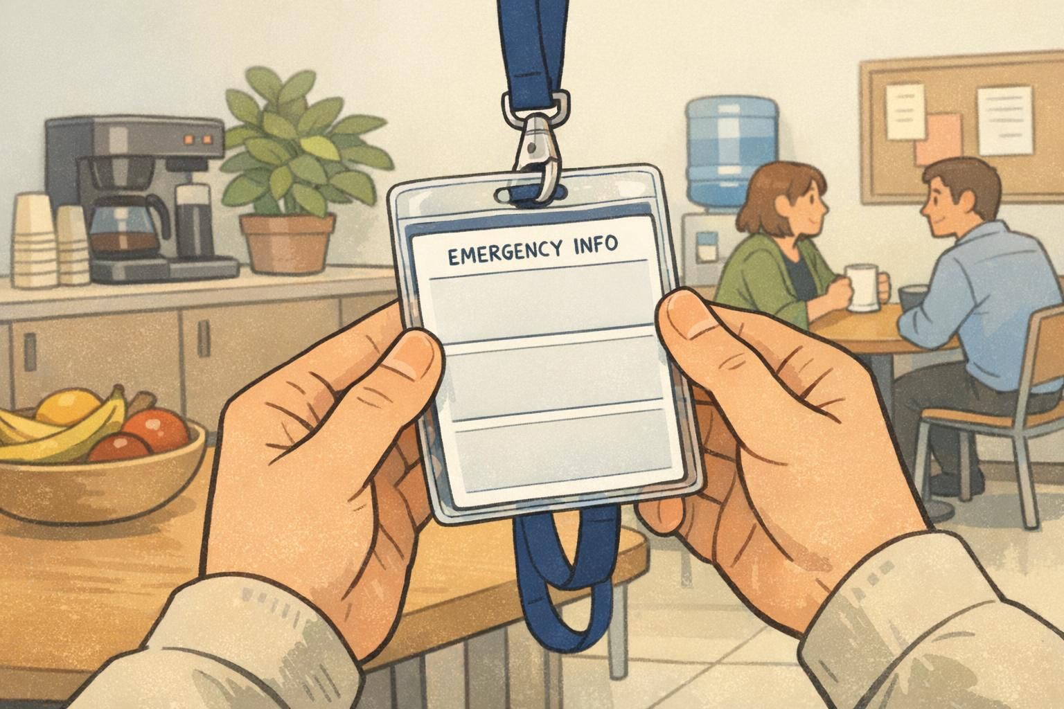 Person flipping a badge on a lanyard to reveal a structured back with clearly separated emergency contact and medical prompt sections.
