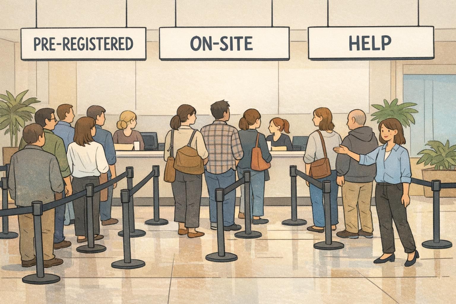 Wide lobby-style queue with three stanchioned lanes and clear event signage for pre-registered, on-site, and help, with a greeter directing attendees toward the correct lane.