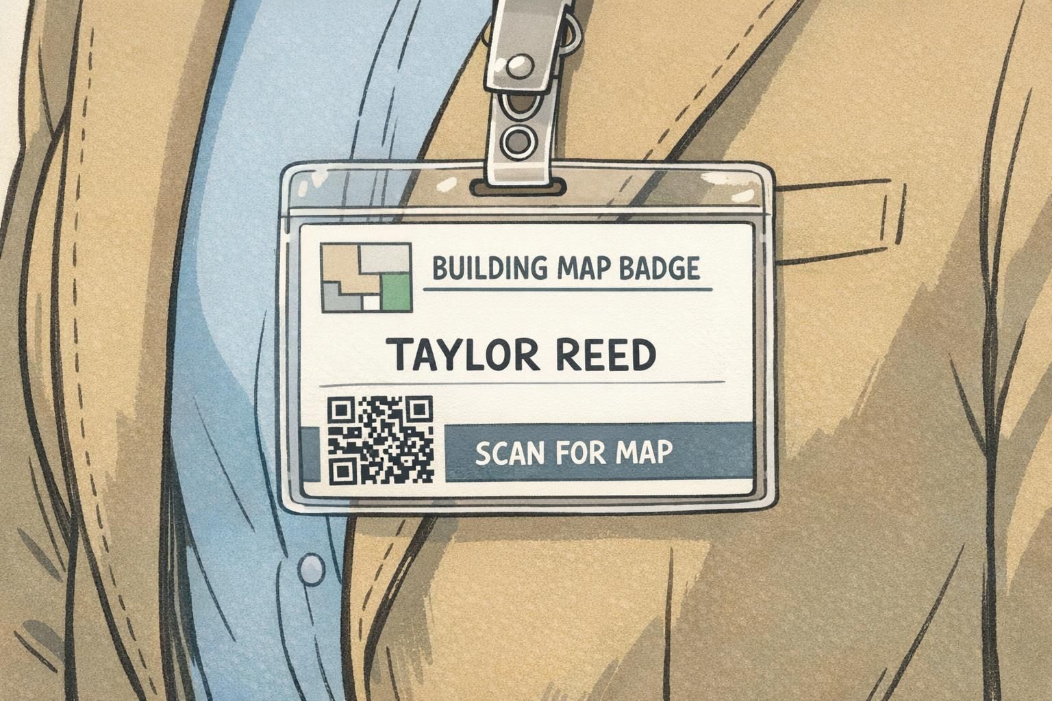 Close-up of a visitor badge clipped to a jacket showing a small corner micro-map, a QR label and a clear name as an example of visitor badge design for quick navigation.