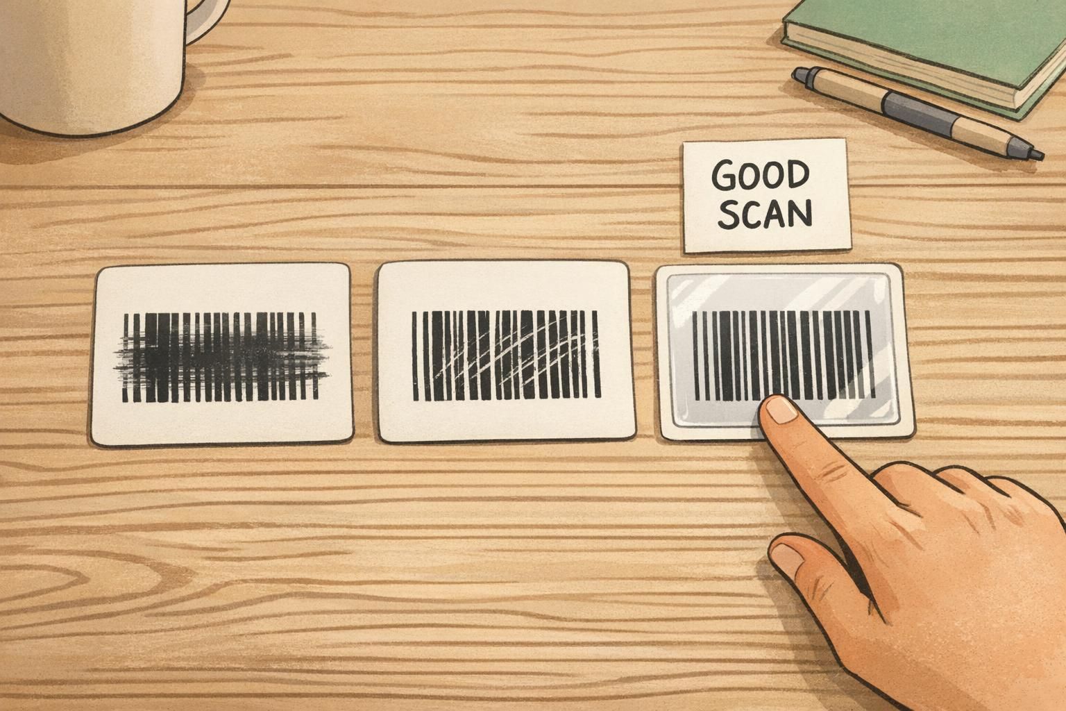 Tabletop comparison of three sample cards laid flat: smeared, scratched, and clean/protected barcodes, highlighting the clean sample that yields reliable barcode scanning.