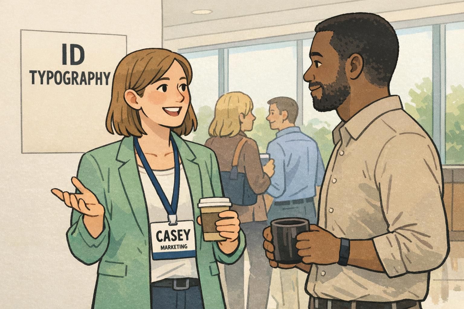 Two attendees network in a lobby while one wears an event badge with a prominent name and a secondary role line demonstrating clear ID typography.
