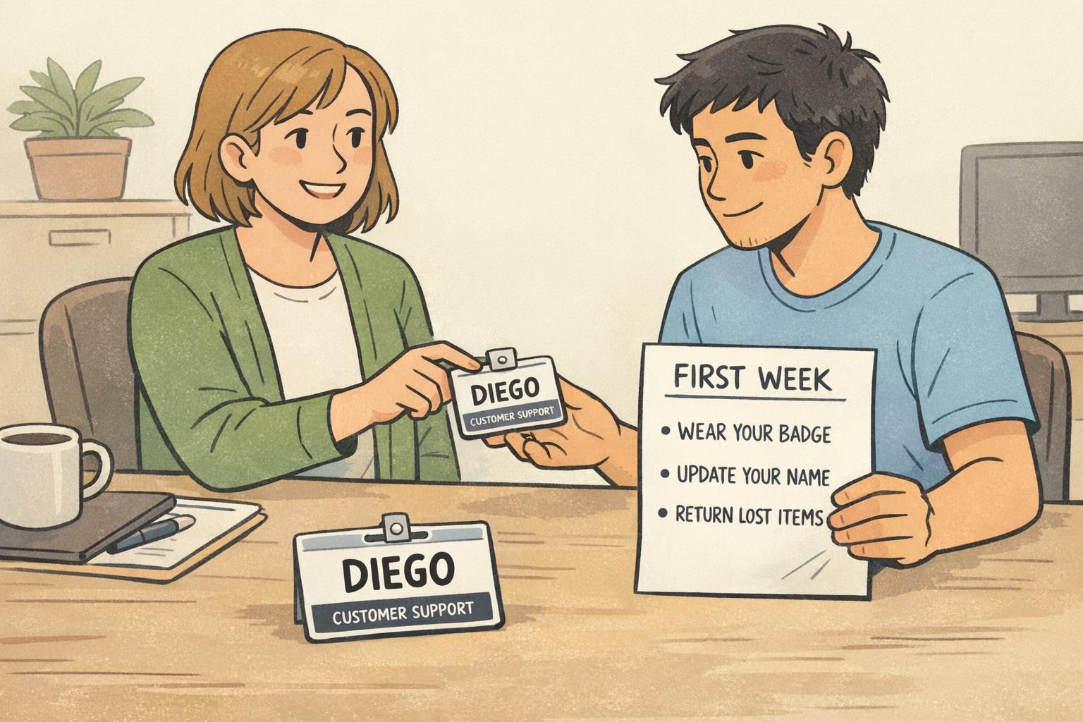 A manager gives a new hire a DIEGO name badge and a simple 'First Week' checklist, showing an onboarding moment with a clear badge handoff.