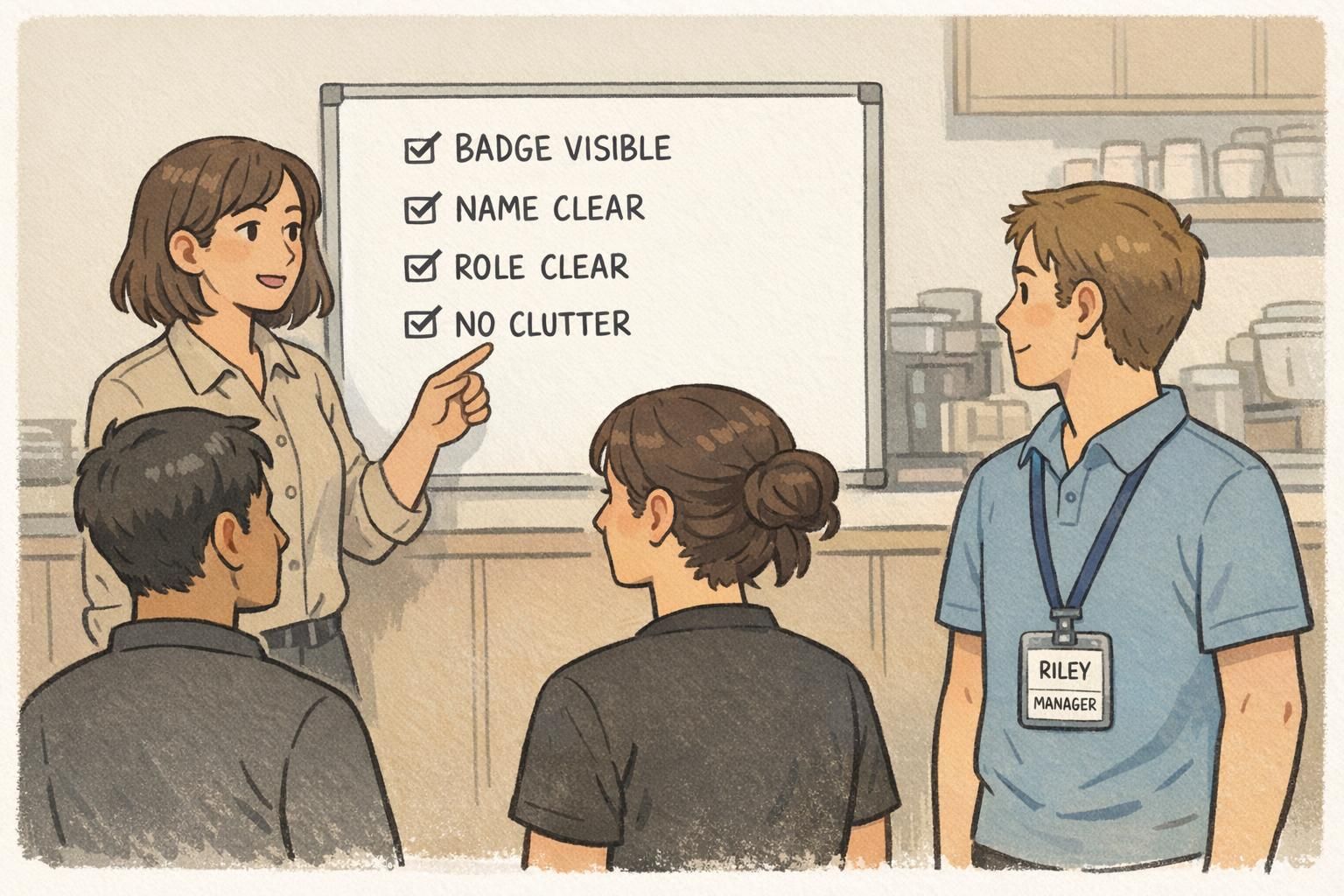 Manager reviewing a pre-shift checklist with a small team, emphasizing badge visibility, clear names, and consistent placement before opening.
