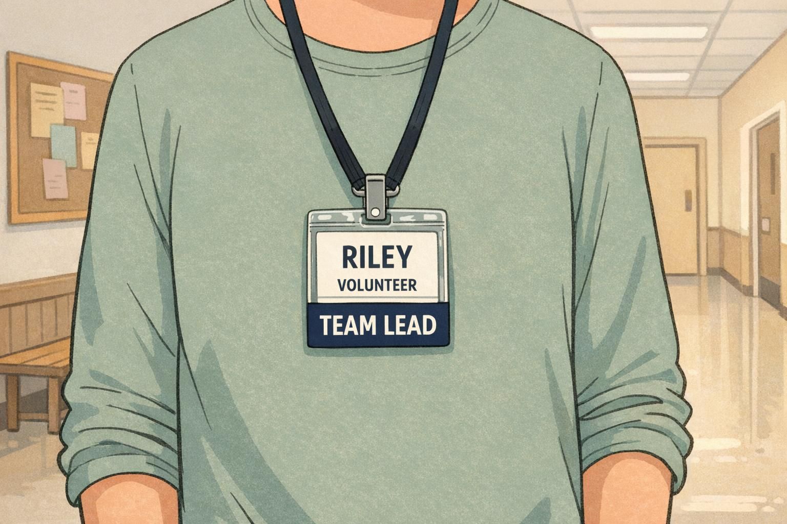 A volunteer with a vertical ID card and a badge buddy behind it that prominently shows the TEAM LEAD role above the name card.