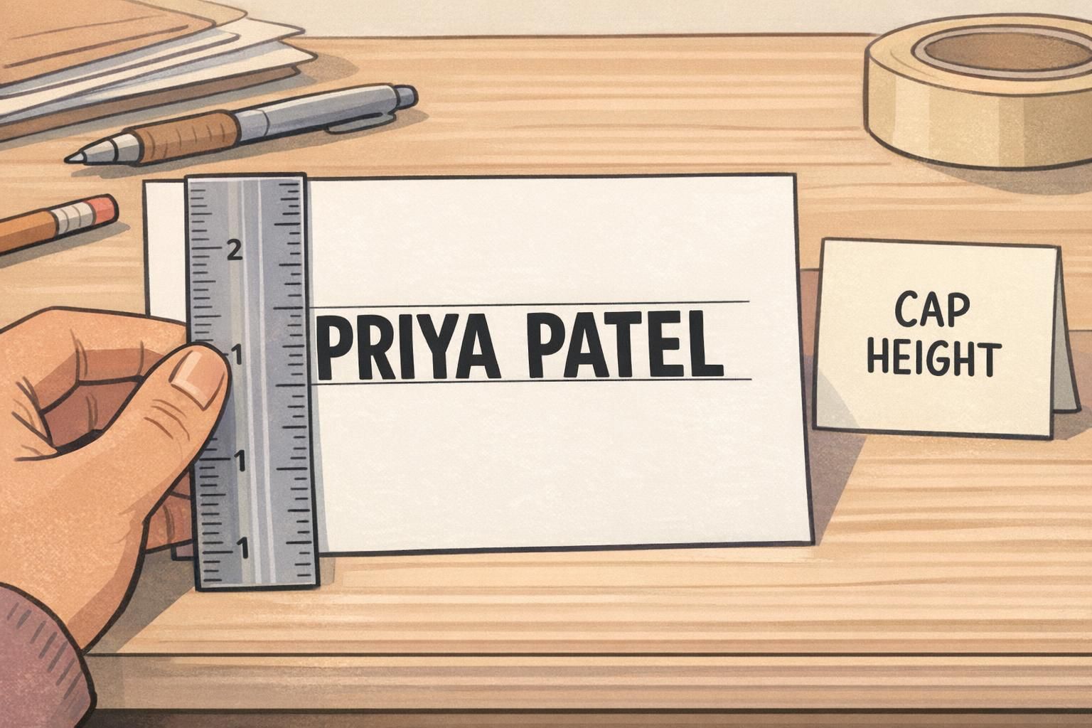 Printed badge proof on a desk with a ruler measuring capital letter height to confirm type size for name readability.