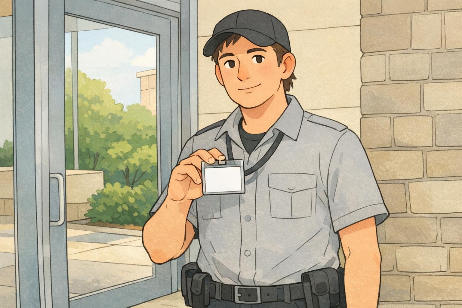 Staff member near a glass door in sunlight comparing how a matte ID card stays readable with fewer reflections.