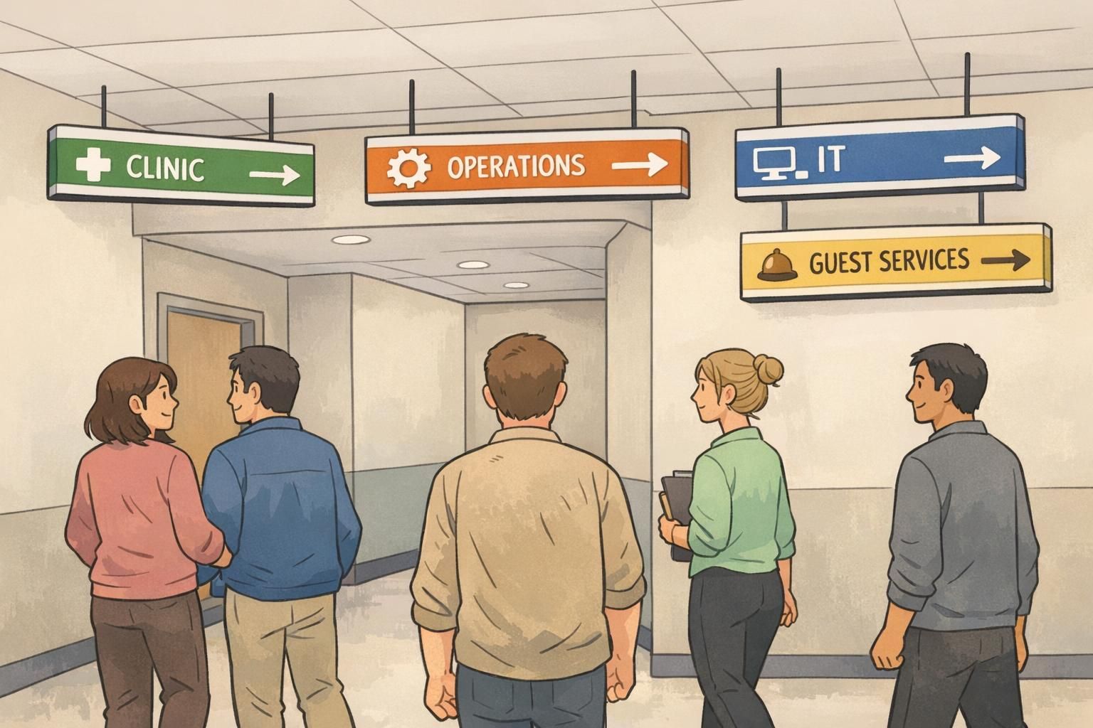 Accessible hallway junction with colored bands, icons, and clear labels for Clinic, Operations, IT, and Guest Services illustrating department color coding for wayfinding.