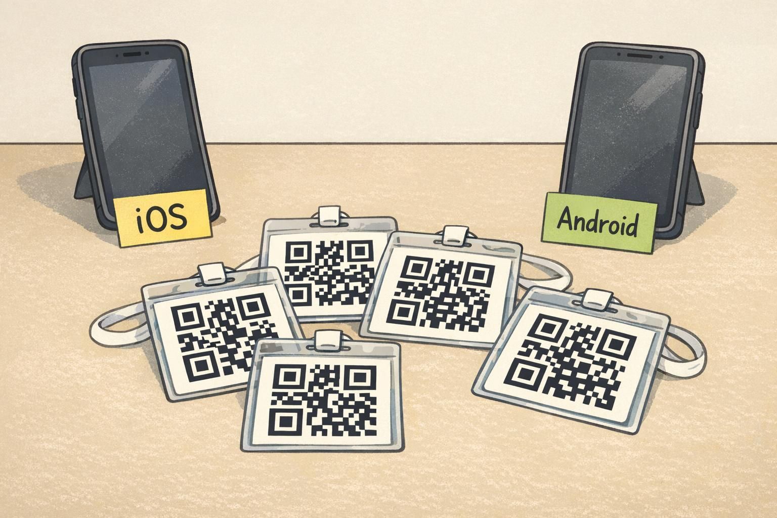 Close-up comparison on a 3x4 event badge showing two printed QR codes side-by-side: a too-small code and a larger code with a clear margin for easier scanning.