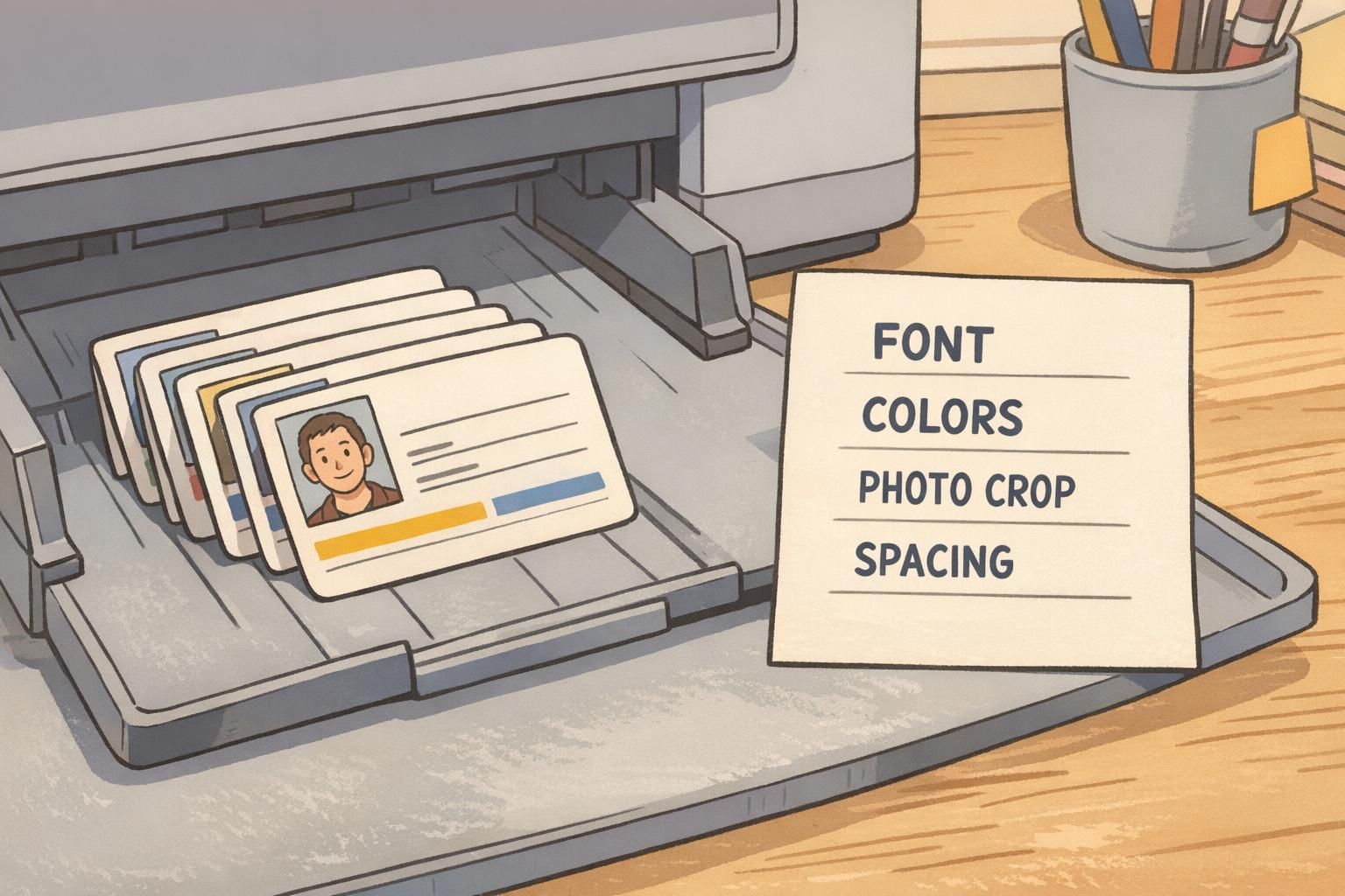 Printer output tray with neatly aligned ID cards next to a one-page style guide showing font, colors, photo crop, and spacing for consistent ID design.