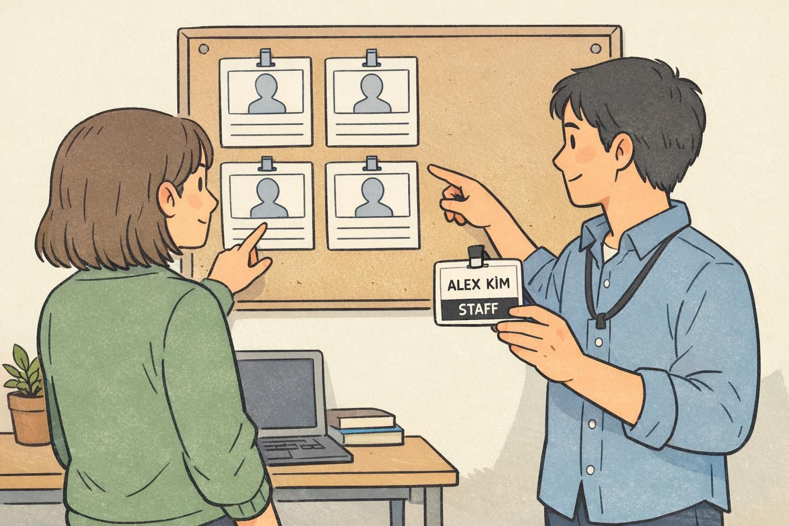 Two coworkers point at a pinned template grid on an office board while one holds a lanyard ID card for review.
