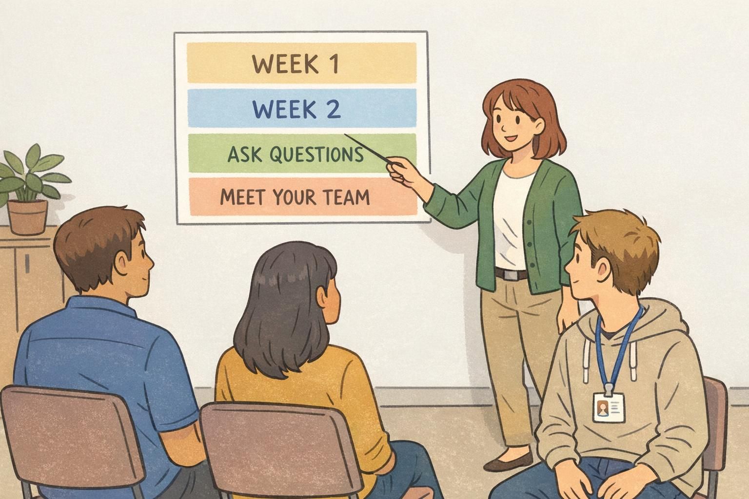 Training room where a new hire wearing an ID badge listens as a facilitator explains onboarding milestones on a wall poster, showing how badges support progress.