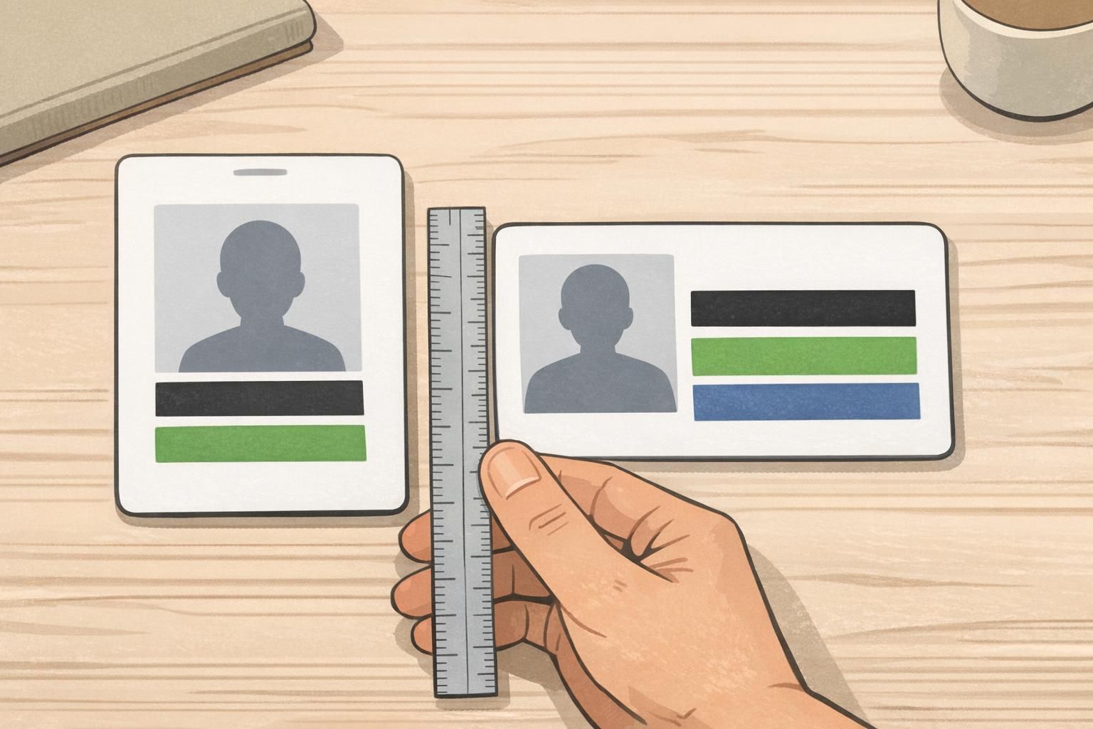 Side-by-side portrait and landscape badge layout test on a table with a ruler measuring spacing to compare readability.