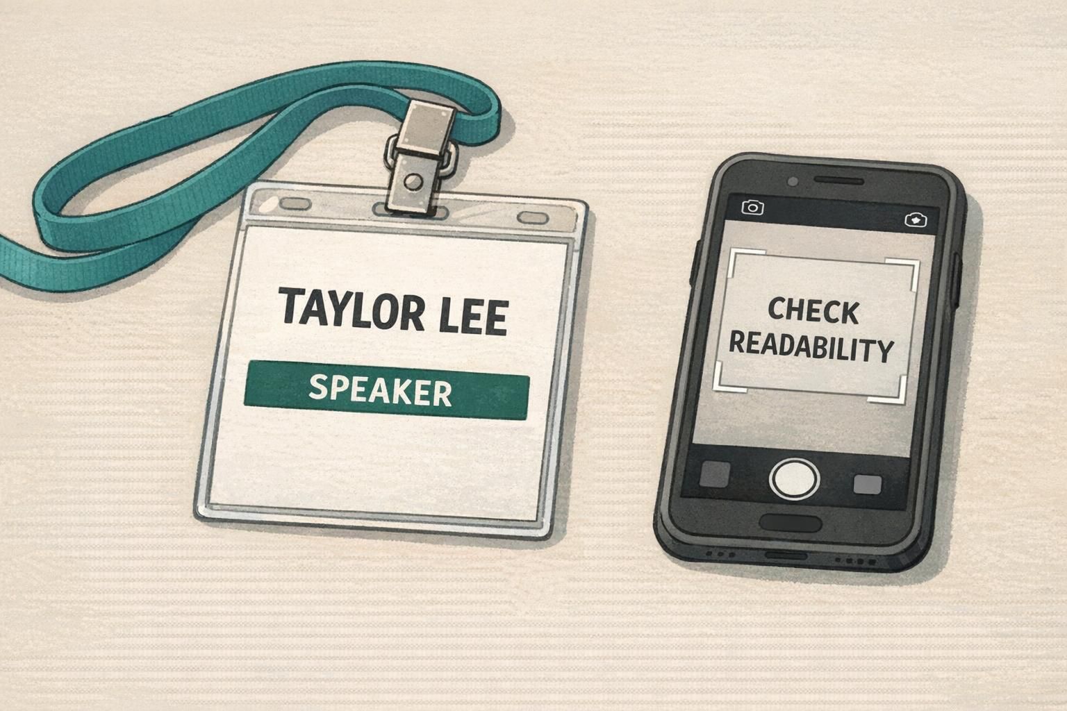 A phone camera preview focused on a single badge sample to check a readable event badge with a bold name and a contrasting speaker bar.
