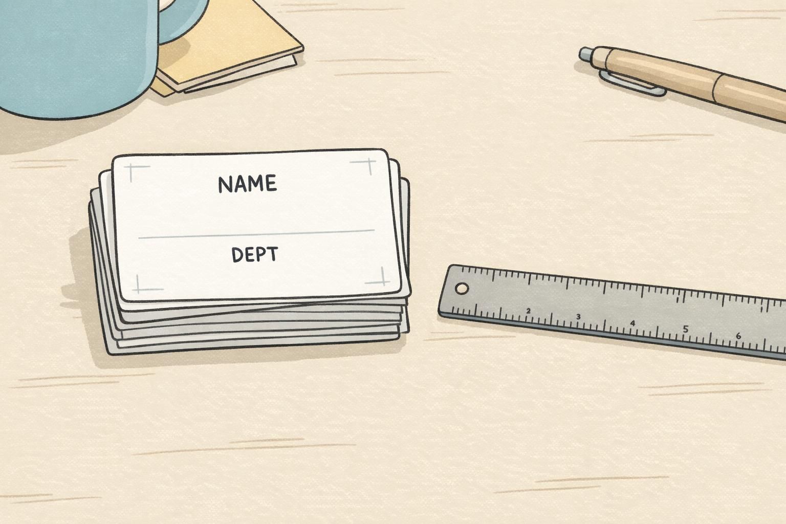 A small stack of badge templates with a ruler showing generous spacing around NAME and DEPT fields, demonstrating an uncluttered ID layout ready for print.