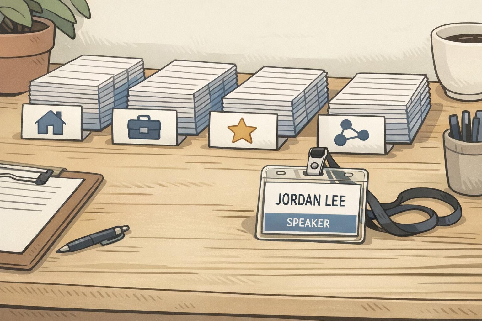 Event check-in table with name tags organized by category using icons and short labels so categories remain clear even without relying on color.