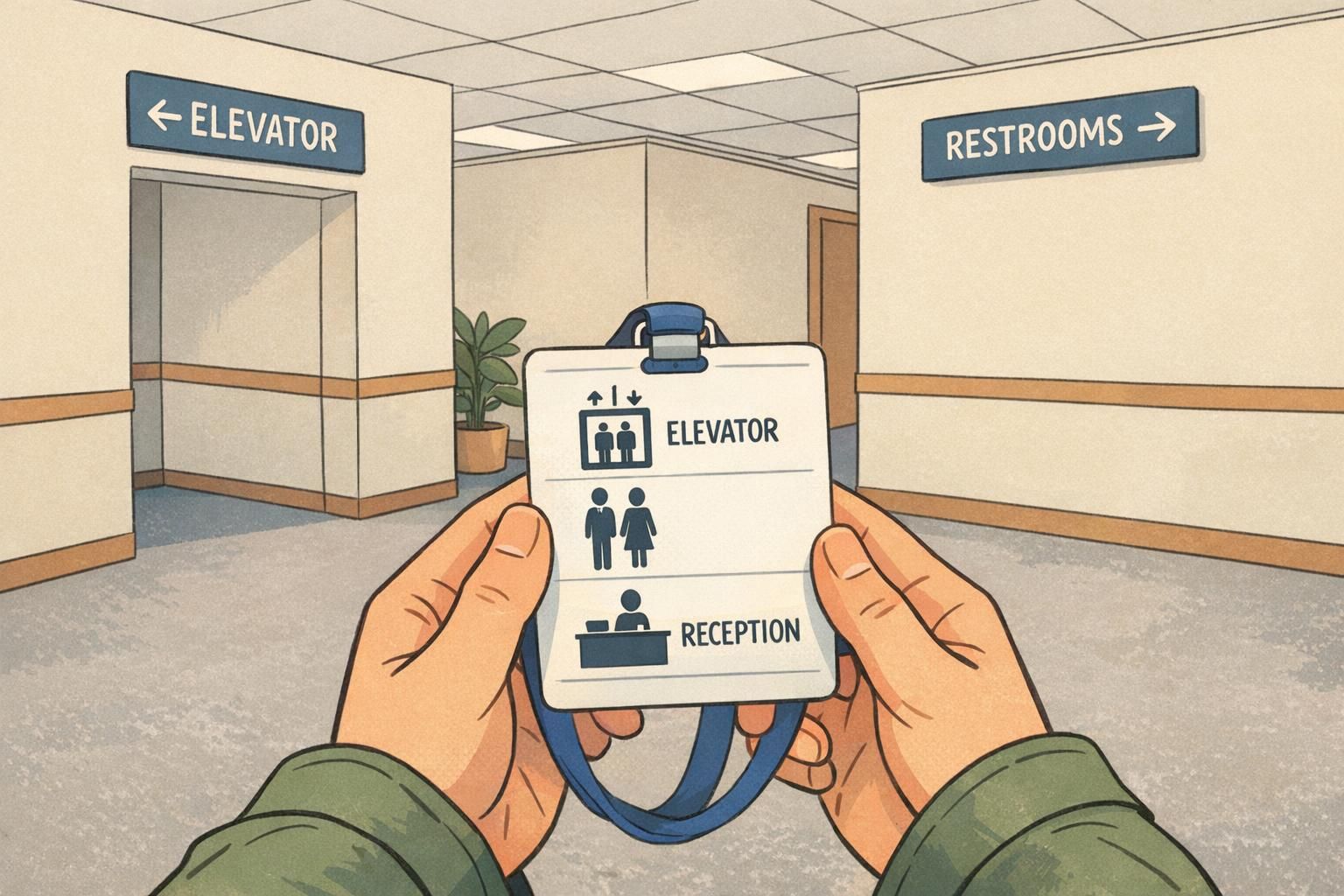 A visitor consults a wayfinding badge on a lanyard at an office hallway intersection, using simple elevator and reception icons to choose the correct direction.