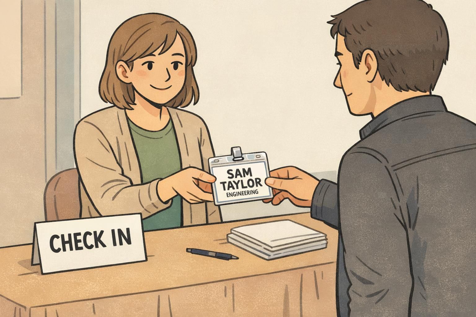 A check-in volunteer hands a visitor a clear-holder name badge featuring prominent name text and a smaller role line.