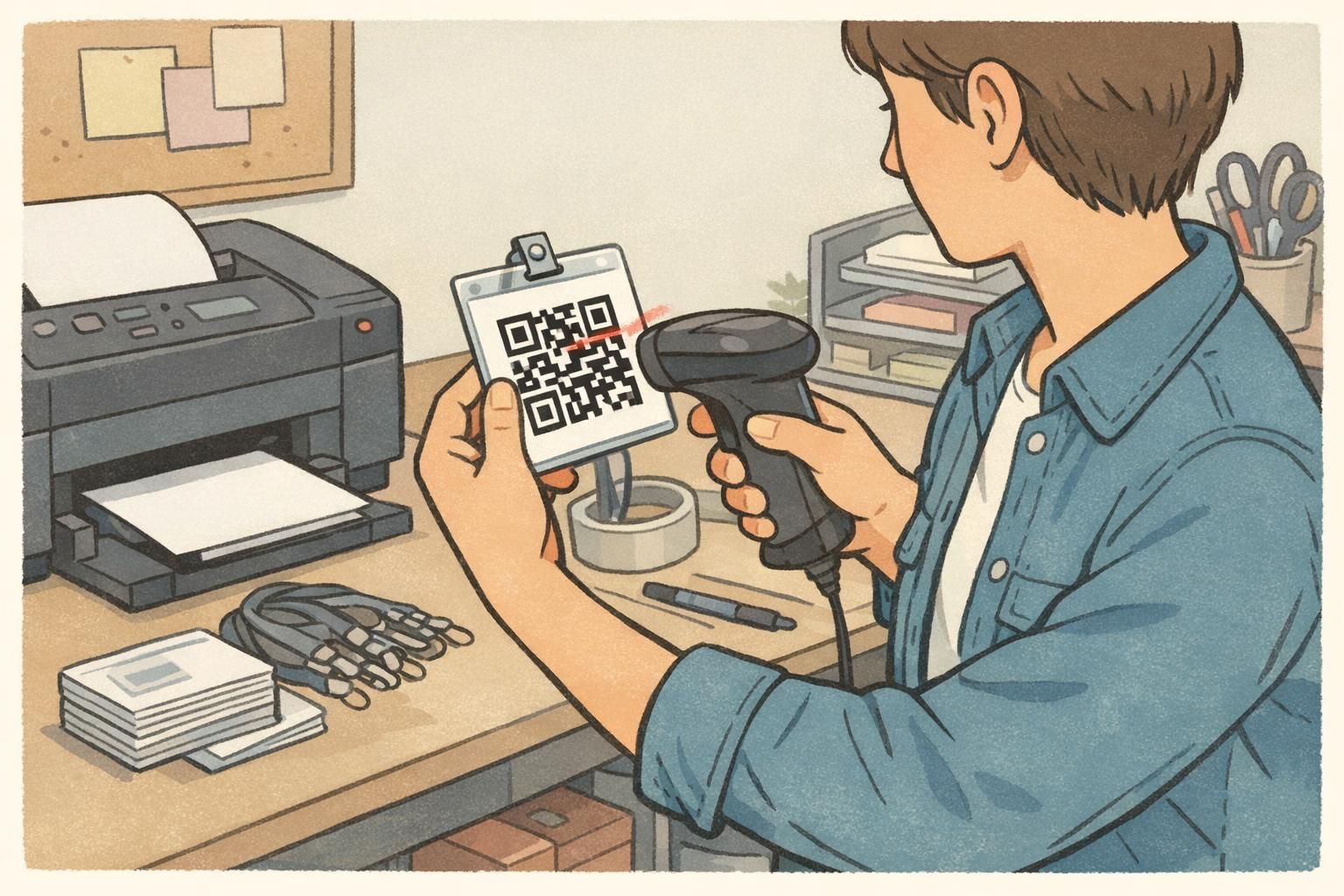 Staff member proofing a freshly printed badge by scanning a QR code with a handheld scanner to check print clarity and scannability.