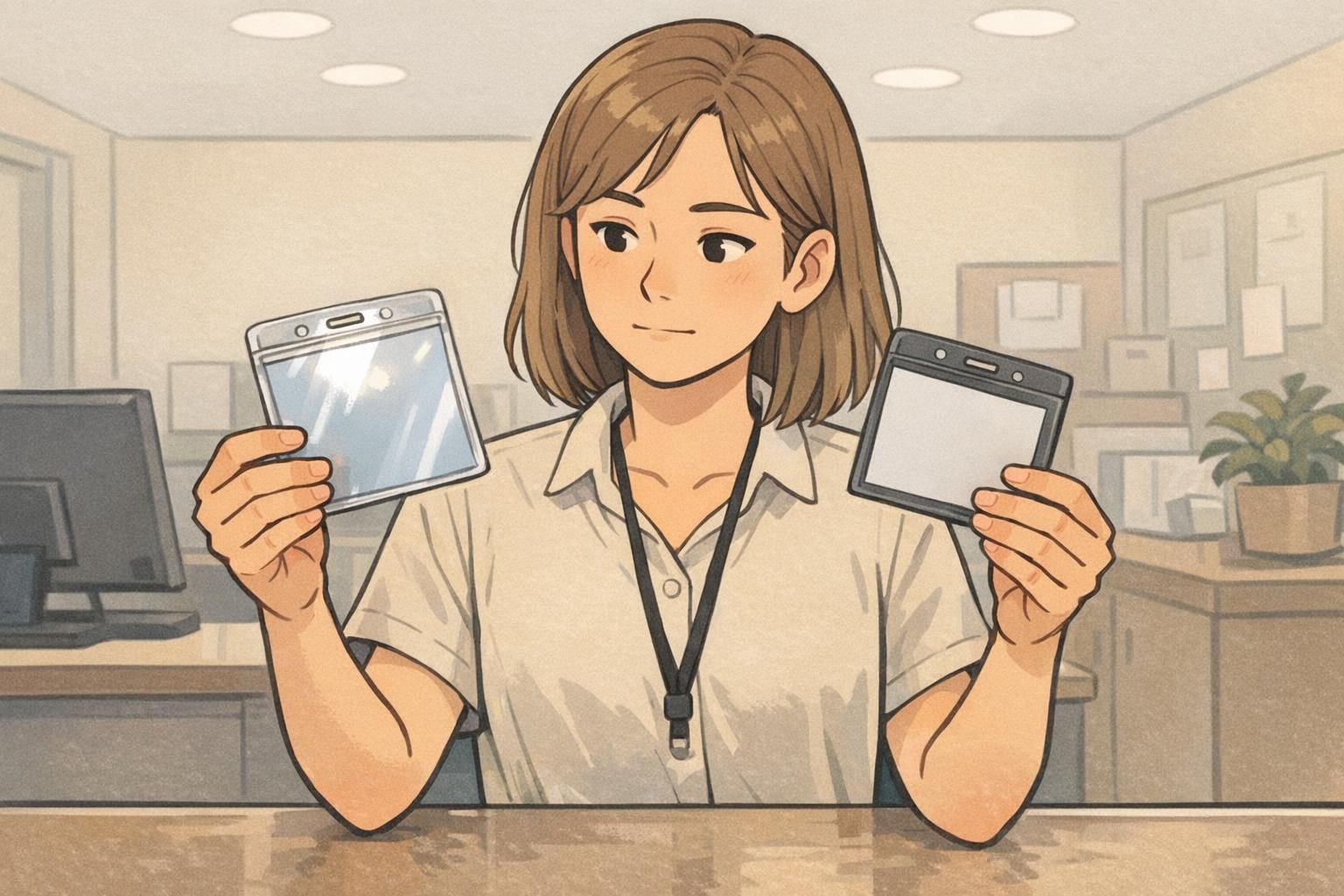 A front-desk worker compares a glare-prone badge holder with a matte anti-glare holder under bright lights to show how finishes improve readability.