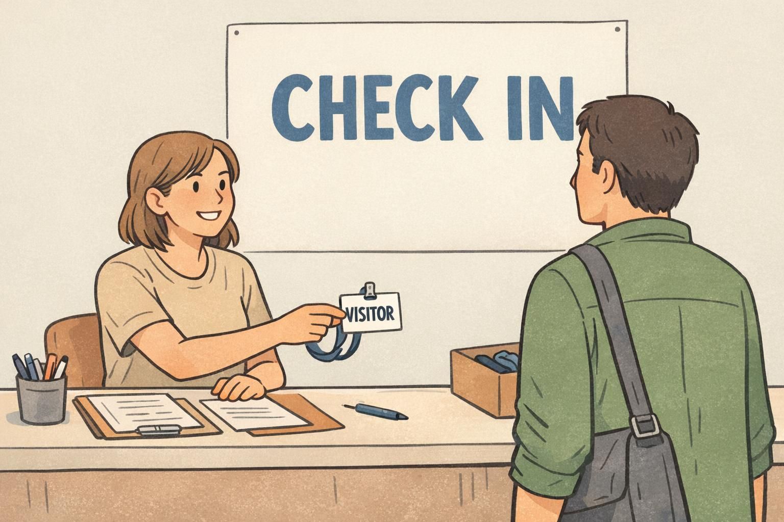 Volunteer hands an attendee a visitor event badge at a check-in table, demonstrating how standardized badges streamline event access.